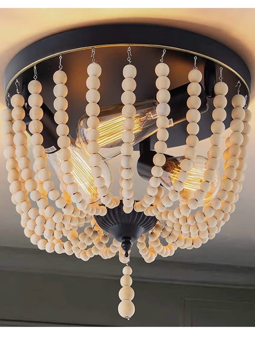 Beaded Semi-Flush Ceiling Light in Natural Wood and Black